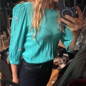 Vintage bright teal / aqua flowy boatneck top, small